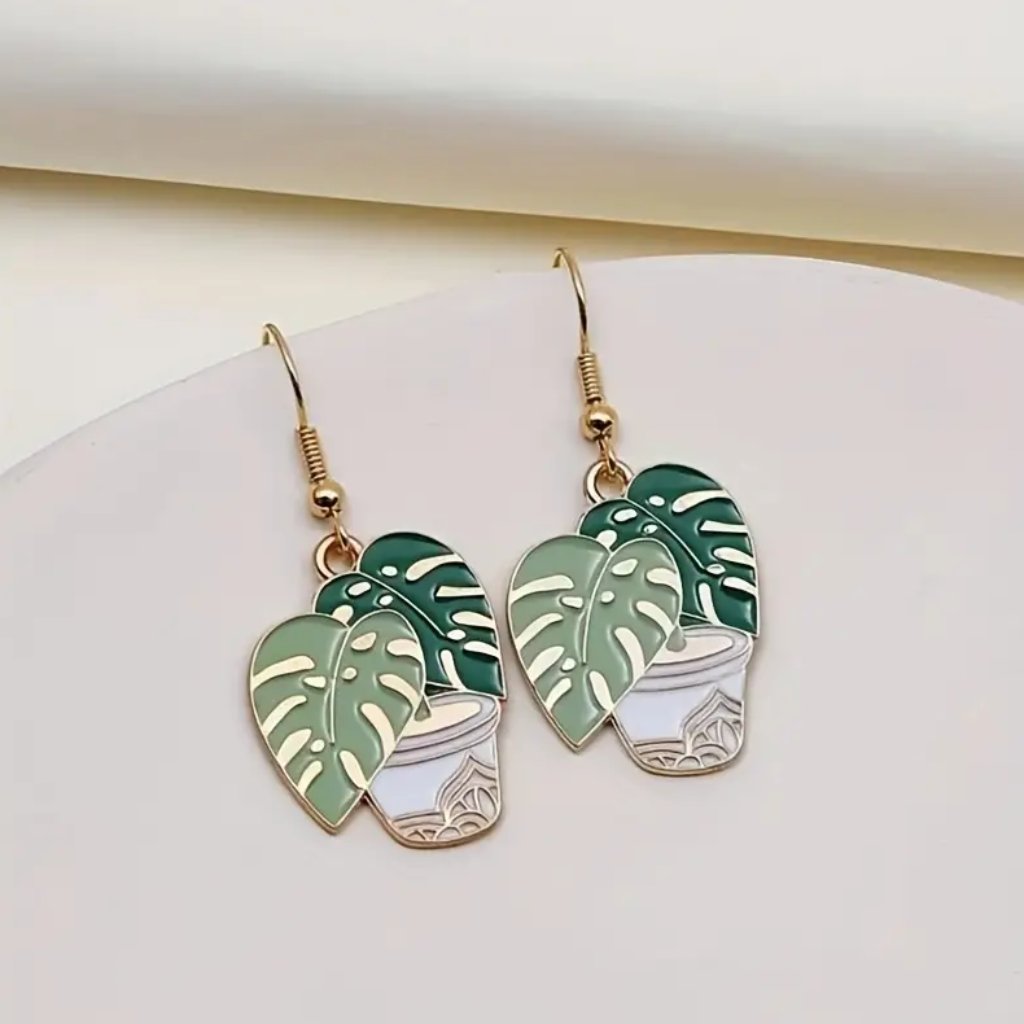 Monstera Houseplant Plant Lover Green Enamel Dangle Earrings New
